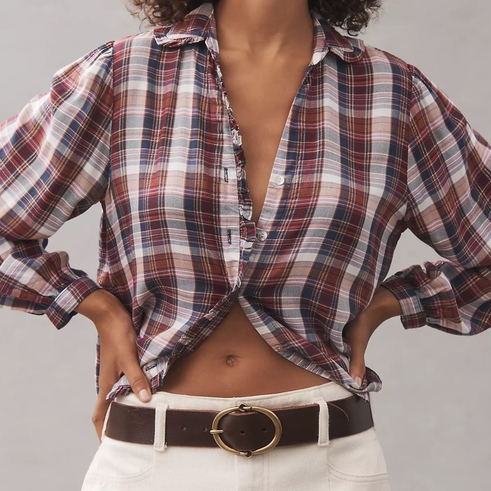 NWT Cloth & Stone Anthropologie Plaid Ruffle Button-Down Top XL
